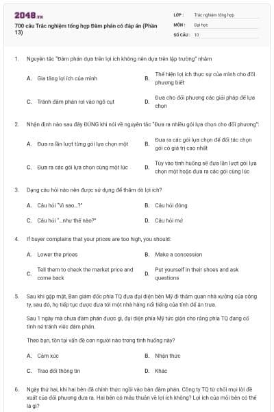 700 câu Trắc nghiệm tổng hợp Đàm phán có đáp án (Phần 13)