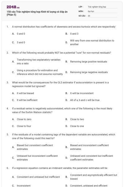 150 câu Trắc nghiệm tổng hợp Kinh tế lượng có đáp án (Phần 5)