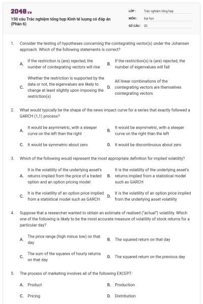 150 câu Trắc nghiệm tổng hợp Kinh tế lượng có đáp án (Phần 6)