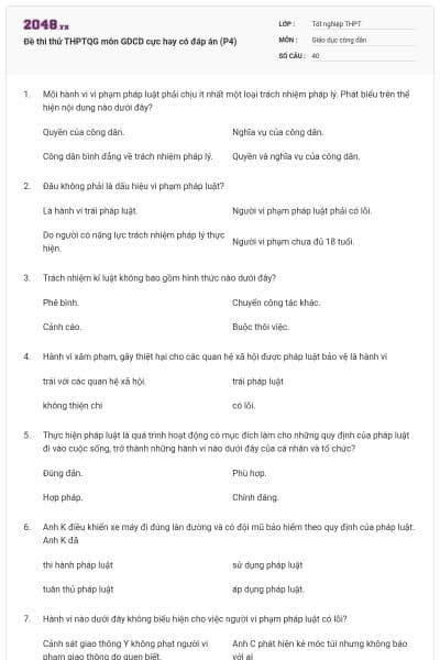 Đề thi thử THPTQG môn GDCD cực hay có đáp án (P4)