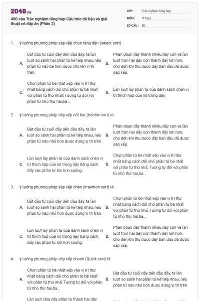 400 câu Trắc nghiệm tổng hợp Cấu trúc dữ liệu và giải thuật có đáp án (Phần 2)
