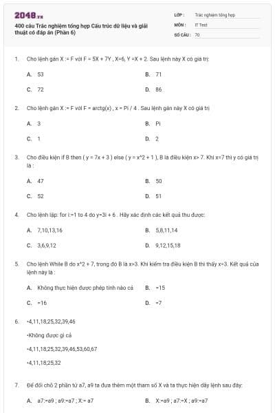 400 câu Trắc nghiệm tổng hợp Cấu trúc dữ liệu và giải thuật có đáp án (Phần 6)