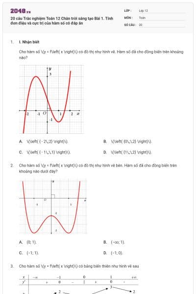 20 câu Trắc nghiệm Toán 12 Chân trời sáng tạo Bài 1. Tính đơn điệu và cực trị của hàm số có đáp án