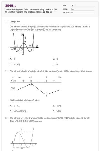 20 câu Trắc nghiệm Toán 12 Chân trời sáng tạo Bài 2. Giá trị lớn nhất và giá trị nhỏ nhất của hàm số có đáp án