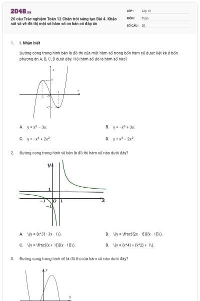 20 câu Trắc nghiệm Toán 12 Chân trời sáng tạo Bài 4. Khảo sát và vẽ đồ thị một số hàm số cơ bản có đáp án