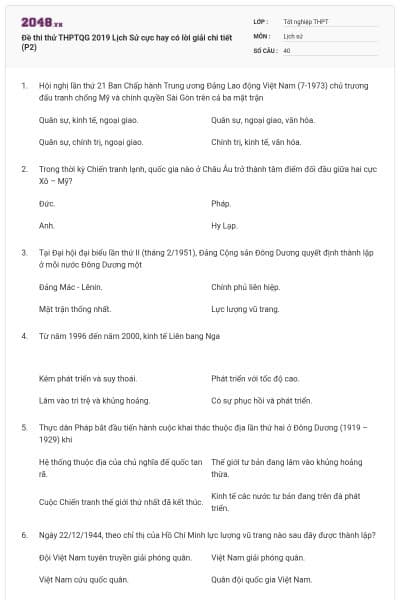 Đề thi thử THPTQG 2019 Lịch Sử cực hay có lời giải chi tiết (P2)