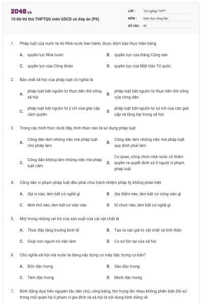 10 Đề thi thử THPTQG môn GDCD có đáp án (P6)