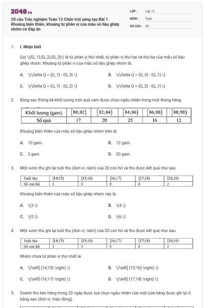 20 câu Trắc nghiệm Toán 12 Chân trời sáng tạo Bài 1. Khoảng biến thiên, khoảng tứ phân vị của mẫu số liệu ghép nhóm có đáp án