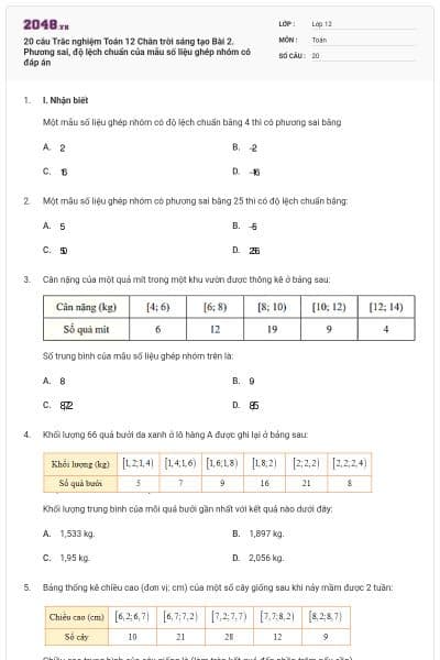 20 câu Trắc nghiệm Toán 12 Chân trời sáng tạo Bài 2. Phương sai, độ lệch chuẩn của mẫu số liệu ghép nhóm có đáp án
