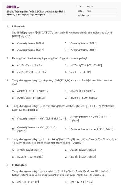 20 câu Trắc nghiệm Toán 12 Chân trời sáng tạo Bài 1. Phương trình mặt phẳng có đáp án