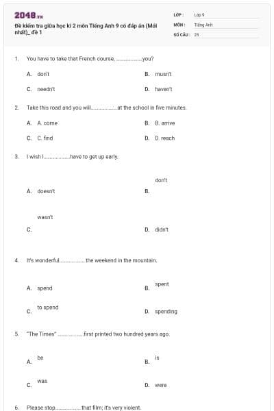 Đề kiểm tra giữa học kì 2 môn Tiếng Anh 9 có đáp án (Mới nhất)_ đề 1