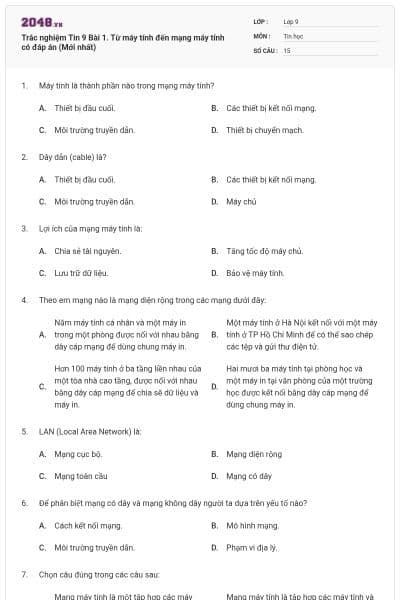Trắc nghiệm Tin 9 Bài 1. Từ máy tính đến mạng máy tính có đáp án (Mới nhất)