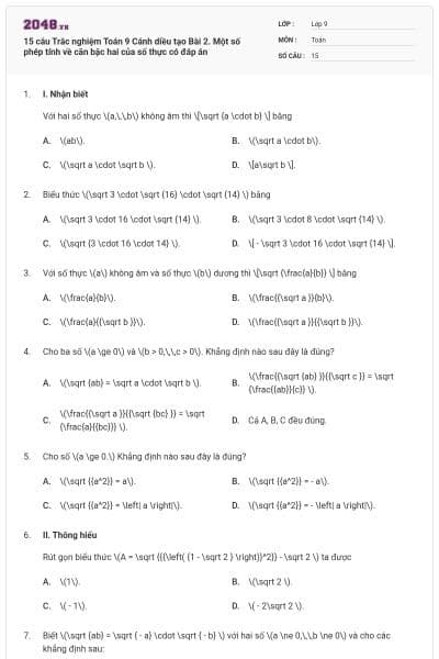 15 câu Trắc nghiệm Toán 9 Cánh diều tạo Bài 2. Một số phép tính về căn bậc hai của số thực có đáp án