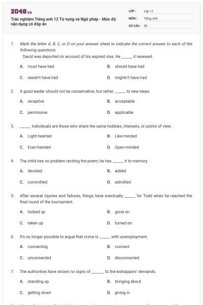 Trắc nghiệm Tiếng anh 12 Từ vựng và Ngữ pháp - Mức độ vận dụng có đáp án