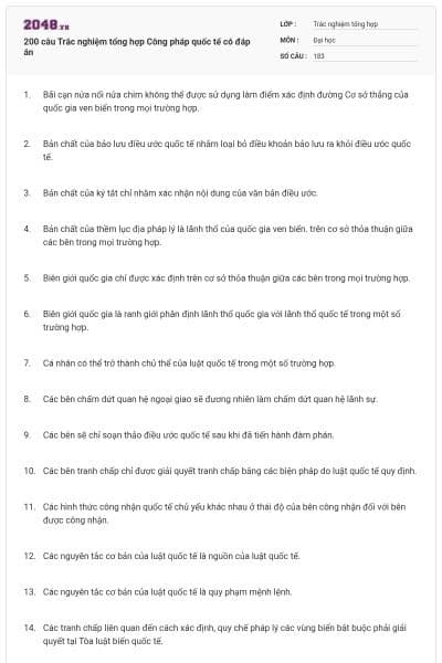 200 câu Trắc nghiệm tổng hợp Công pháp quốc tế có đáp án