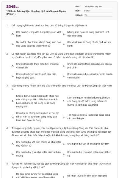 1000 câu Trắc nghiệm tổng hợp Lịch sử đảng có đáp án (Phần 1)