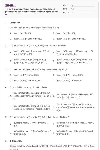 15 câu Trắc nghiệm Toán 9 Cánh diều tạo Bài 4. Một số phép biến đổi căn thức bậc hai của biểu thức đại số có đáp án