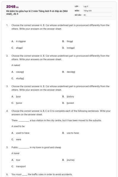 Đề kiểm tra giữa học kì 2 môn Tiếng Anh 9 có đáp án (Mới nhất)_ đề 4