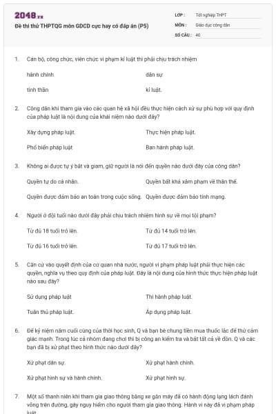 Đề thi thử THPTQG môn GDCD cực hay có đáp án (P5)