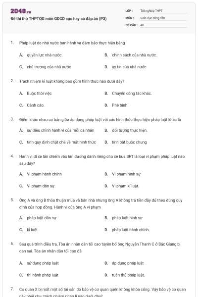 Đề thi thử THPTQG môn GDCD cực hay có đáp án (P3)