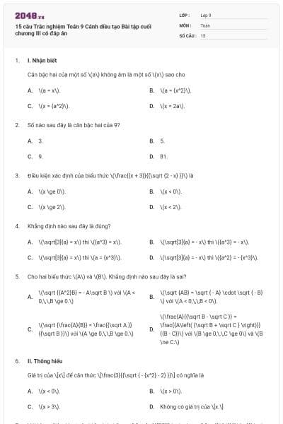 15 câu Trắc nghiệm Toán 9 Cánh diều tạo Bài tập cuối chương III có đáp án