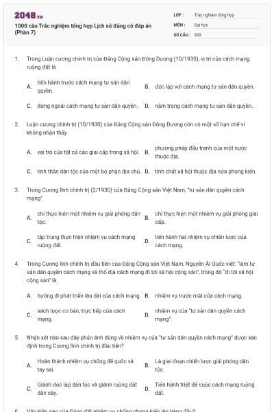 1000 câu Trắc nghiệm tổng hợp Lịch sử đảng có đáp án (Phần 7)