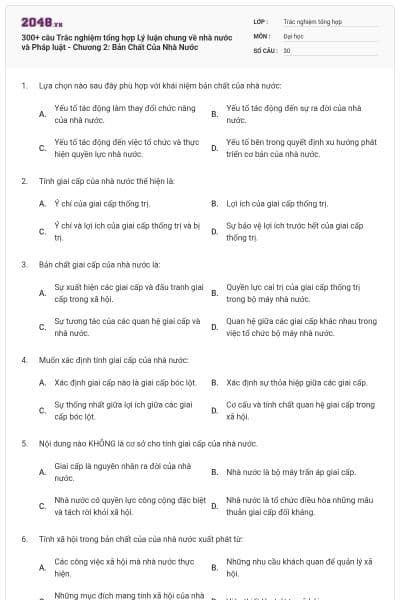 300+ câu Trắc nghiệm tổng hợp Lý luận chung về nhà nước và Pháp luật - Chương 2: Bản Chất Của Nhà Nước