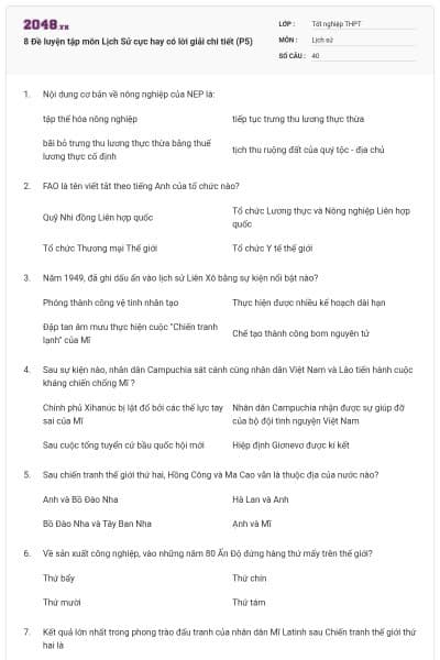 8 Đề luyện tập môn Lịch Sử cực hay có lời giải chi tiết (P5)