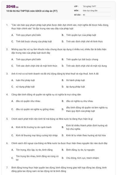 10 Đề thi thử THPTQG môn GDCD có đáp án (P7)