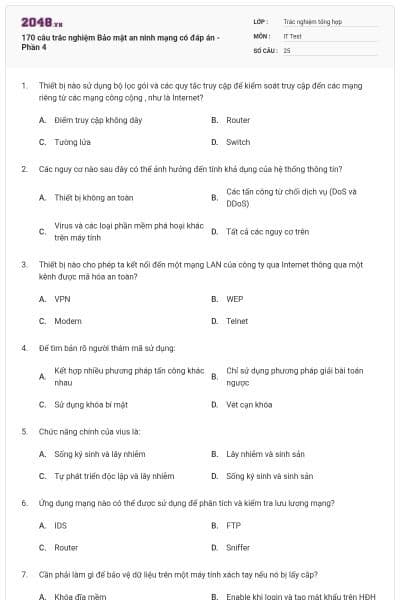 170 câu trắc nghiệm Bảo mật an ninh mạng có đáp án - Phần 4