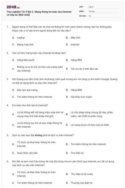 Trắc nghiệm Tin 9 Bài 2. Mạng thông tin toàn cầu Internet có đáp án (Mới nhất)