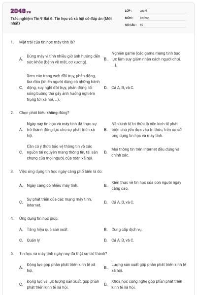 Trắc nghiệm Tin 9 Bài 6. Tin học và xã hội có đáp án (Mới nhất)