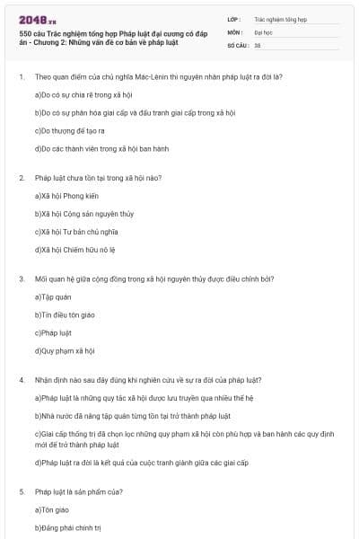 550 câu Trắc nghiệm tổng hợp Pháp luật đại cương có đáp án - Chương 2: Những vấn đề cơ bản về pháp luật