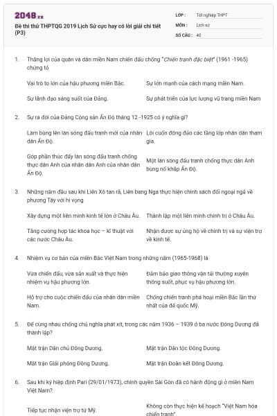 Đề thi thử THPTQG 2019 Lịch Sử cực hay có lời giải chi tiết (P3)
