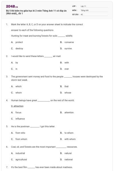 Bộ 5 Đề kiểm tra giữa học kì 2 môn Tiếng Anh 11 có đáp án (Mới nhất)_ đề 1