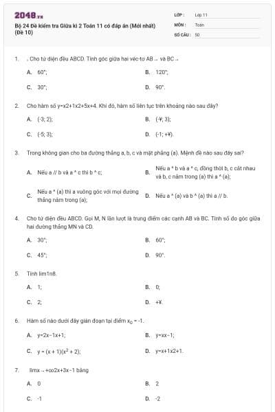 Bộ 24 Đề kiểm tra Giữa kì 2 Toán 11 có đáp án (Mới nhất) (Đề 10)
