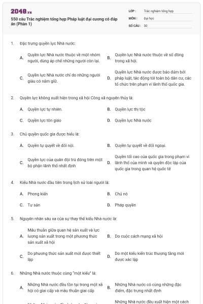 550 câu Trắc nghiệm tổng hợp Pháp luật đại cương có đáp án (Phần 1)