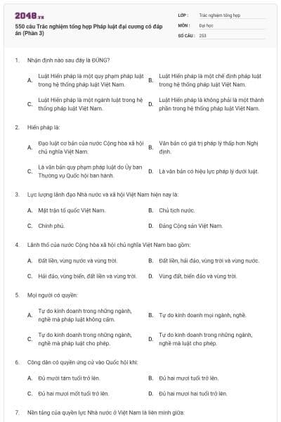 550 câu Trắc nghiệm tổng hợp Pháp luật đại cương có đáp án (Phần 3)