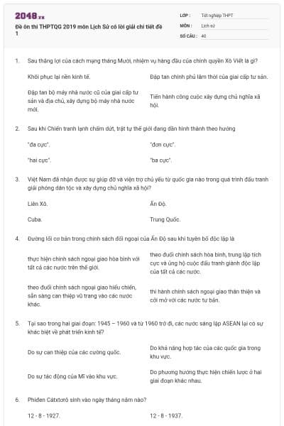 Đề ôn thi THPTQG 2019 môn Lịch Sử có lời giải chi tiết đề 1