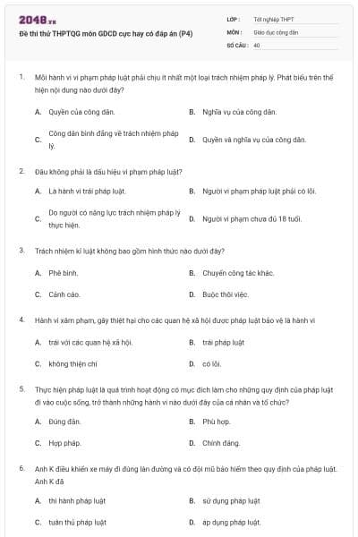 Đề thi thử THPTQG môn GDCD cực hay có đáp án (P4)