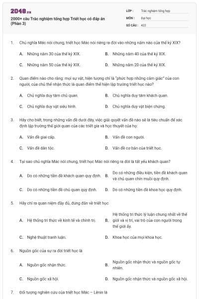 2000+ câu Trắc nghiệm tổng hợp Triết học có đáp án (Phần 3)