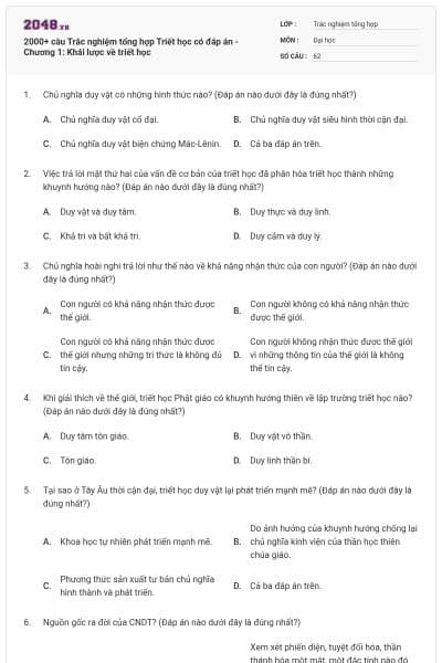 2000+ câu Trắc nghiệm tổng hợp Triết học có đáp án - Chương 1: Khái lược về triết học