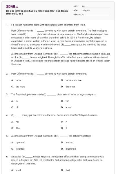 Bộ 5 Đề kiểm tra giữa học kì 2 môn Tiếng Anh 11 có đáp án (Mới nhất)_ đề 5