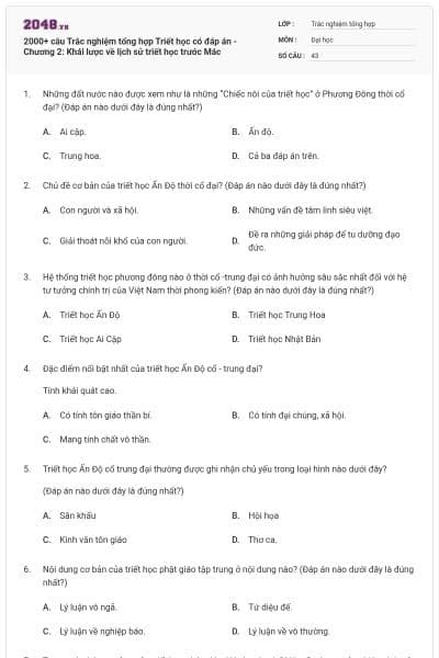 2000+ câu Trắc nghiệm tổng hợp Triết học có đáp án - Chương 2: Khái lược về lịch sử triết học trước Mác