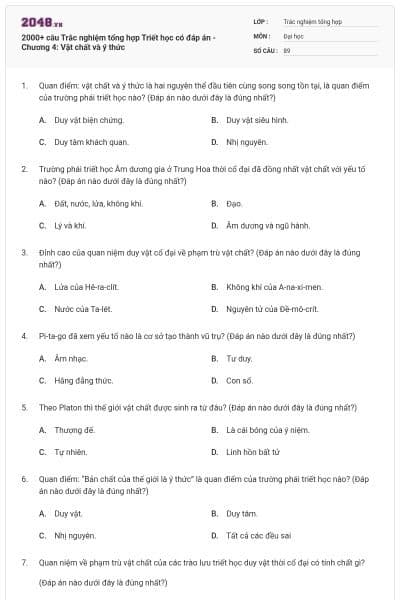 2000+ câu Trắc nghiệm tổng hợp Triết học có đáp án - Chương 4: Vật chất và ý thức
