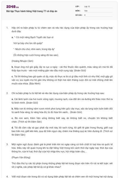 Bài tập Thực hành tiếng Việt trang 77 có đáp án