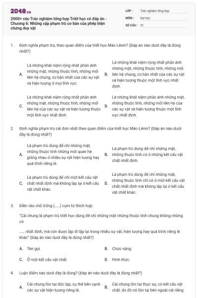 2000+ câu Trắc nghiệm tổng hợp Triết học có đáp án - Chương 6: Những cặp phạm trù cơ bản của phép biện chứng duy vật