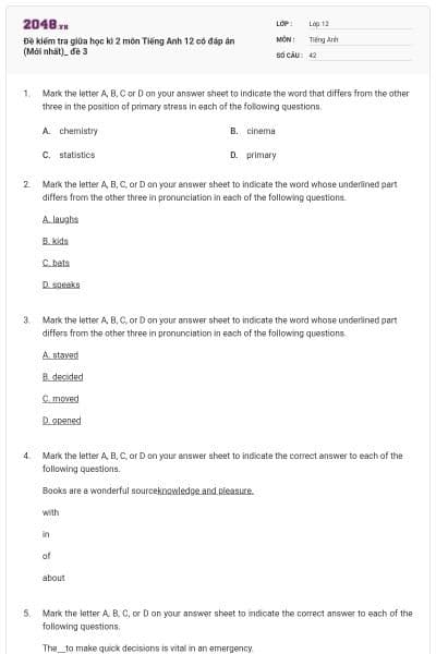 Đề kiểm tra giữa học kì 2 môn Tiếng Anh 12 có đáp án (Mới nhất)_ đề 3
