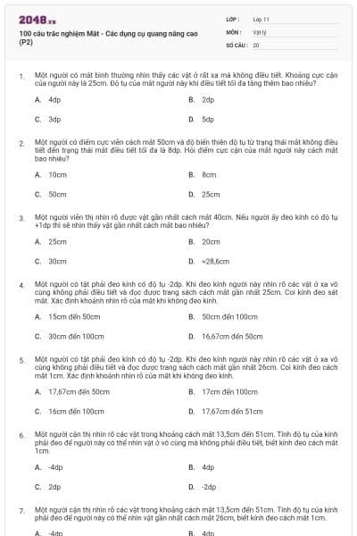100 câu trắc nghiệm Mắt - Các dụng cụ quang nâng cao (P2)
