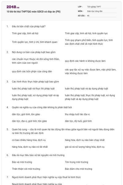 10 Đề thi thử THPTQG môn GDCD có đáp án (P8)